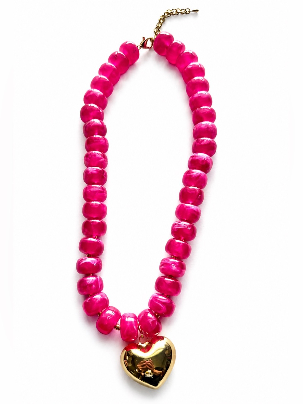 Chunky Beaded Necklace with Gold Heart Pendant- Hot Pink